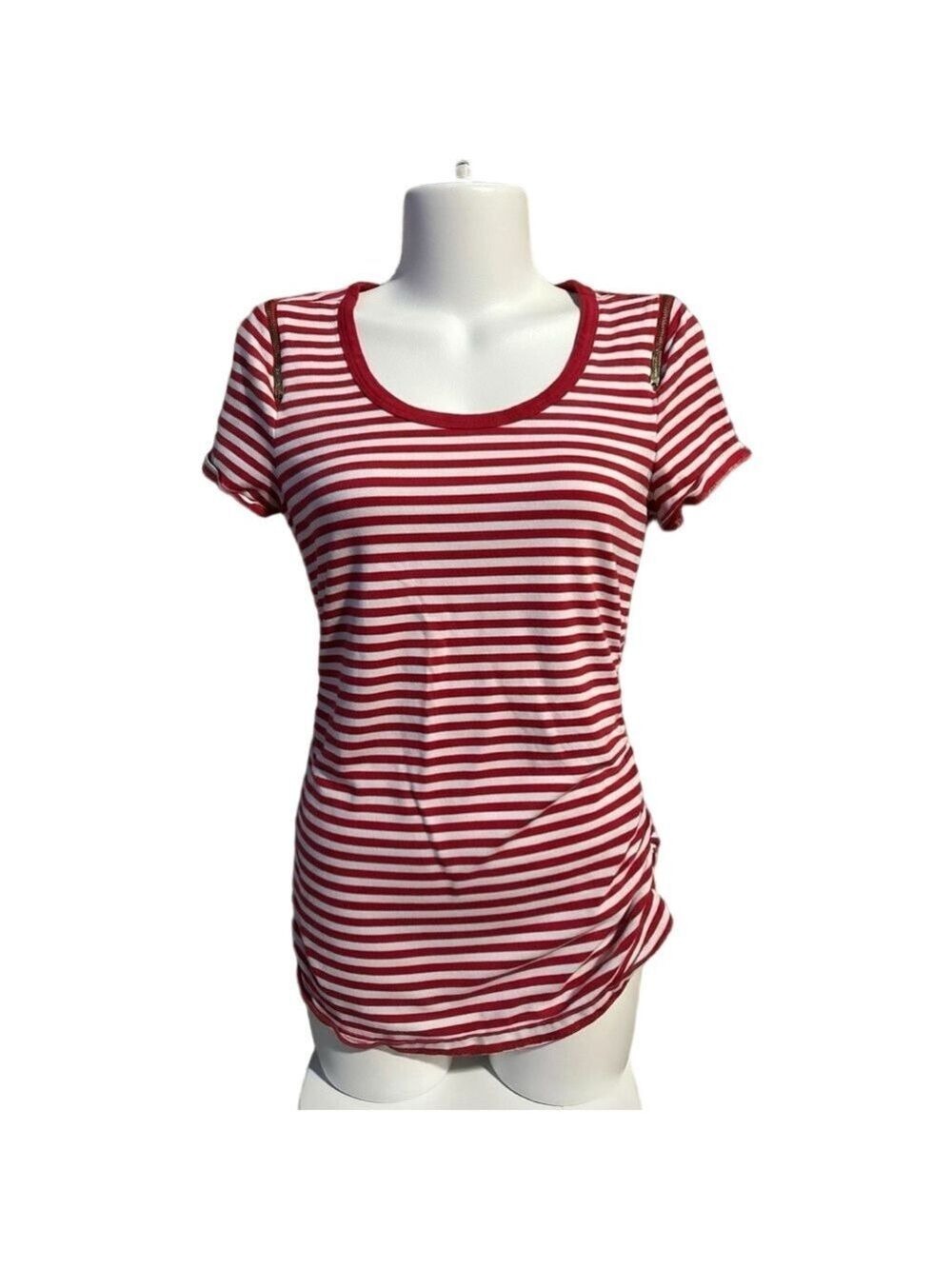Michael Kors Red Striped Zippered Ruched Short Sleeve Cotton Tee Sz Amall
